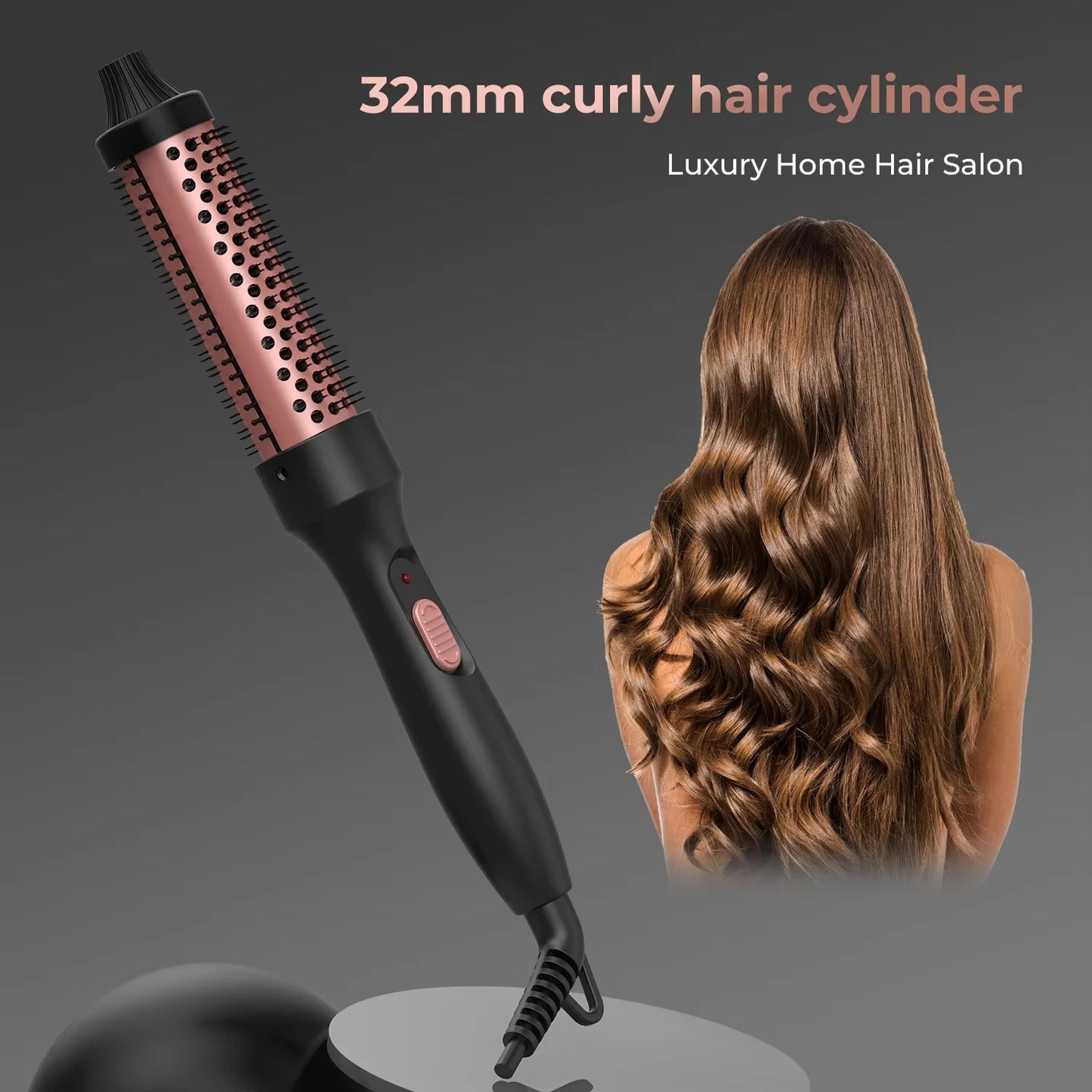 Hair styling tool with curly hair on a gray background
