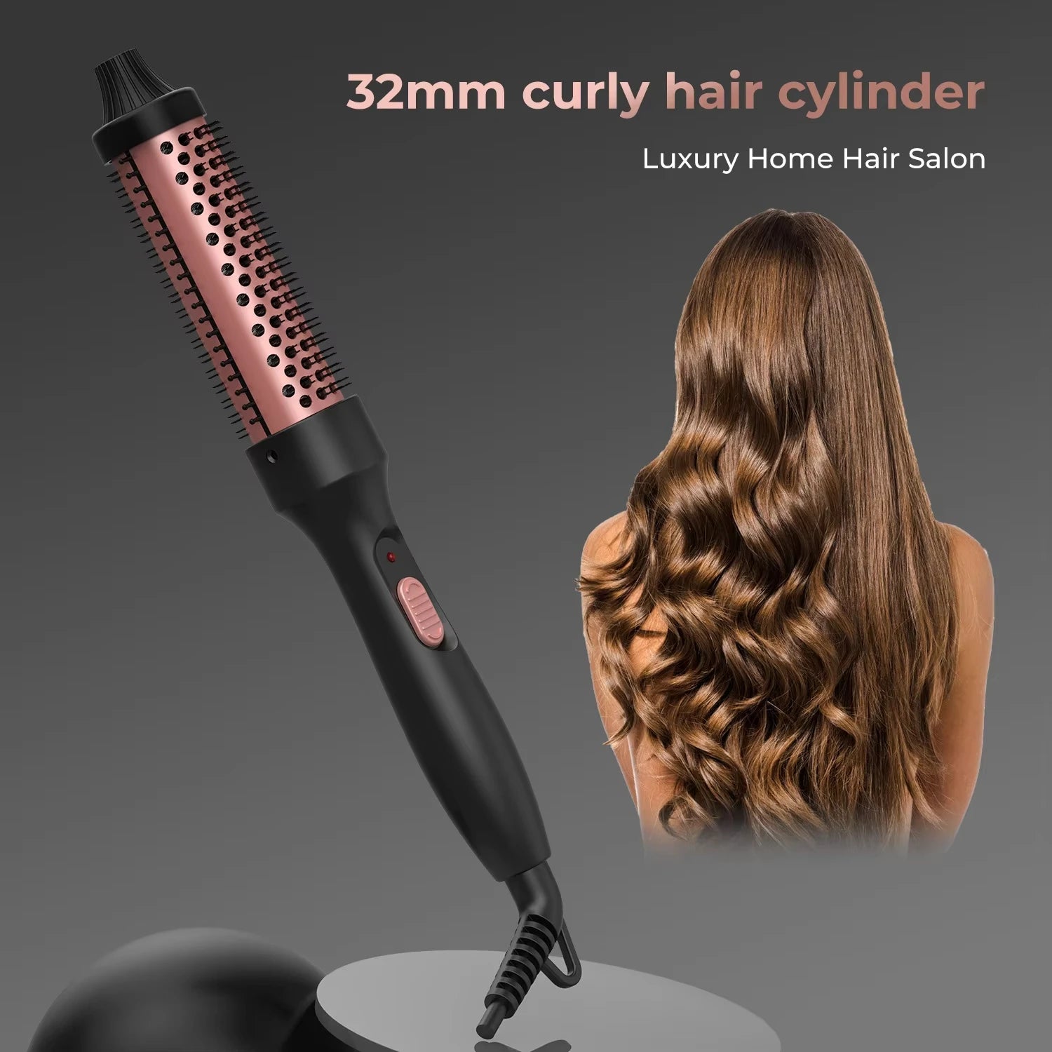 Hair styling tool with curly hair on a gray background
